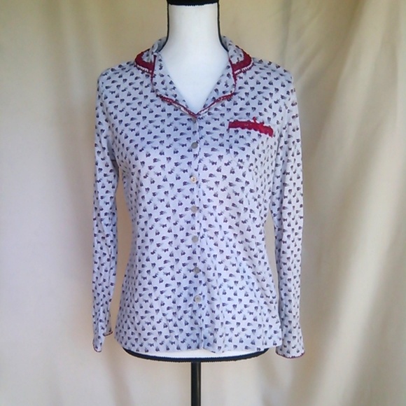 Retro Flower Print With Red Lace Trim Pajama Top - Picture 3 of 9